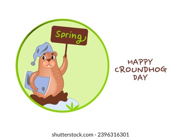 Groundhog Day greeting banner.Cute Marmot Character of a groundhog in a nightcap with a pillow. Cartoon vector illustration.