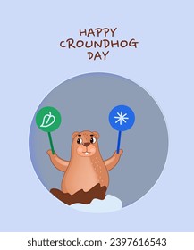 Groundhog Day greeting banner.Cute Marmot Character of a groundhog in a nightcap with a pillow. Cartoon vector illustration.