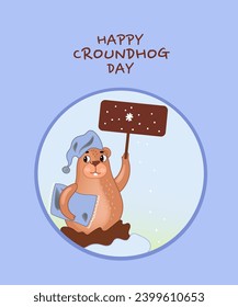 Groundhog Day greeting banner.Cute Marmot Character of a groundhog in a nightcap with a pillow. Cartoon vector illustration.