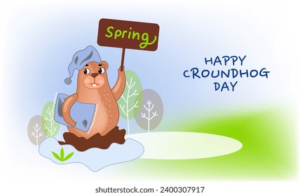 Groundhog Day greeting banner.Cute Marmot Character of a groundhog in a nightcap with a pillow. Cartoon vector illustration.