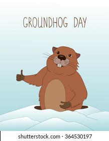 Groundhog Day greeting card with cartoon cheerful groundhog. Ground hog emerges from its burrow.Snowy scene.Vector Illustration.