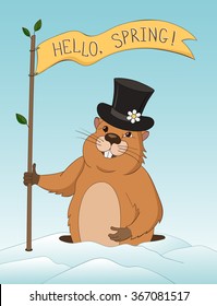 Groundhog Day greeting card with cartoon cheerful groundhog. Ground hog emerges from its burrow.Marmot holds a banner that says Hello spring.Vector Illustration.