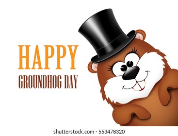 Groundhog Day greeting card with cheerful marmot.