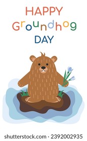 Groundhog Day, greeting card with cute groundhog and snowdrop. Vector illustration