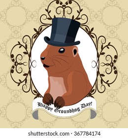 Groundhog day greeting card with cute marmot in black hat sitting in vintage frame.