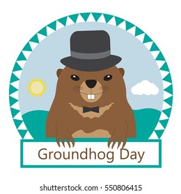 Groundhog Day. Greeting card with cute groundhog in a hat in frame. Vector illustration.