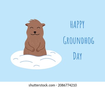 Groundhog day greeting card. Happy cute groundhog looking out of burrow and smiling. Vector flat illustration with text. 