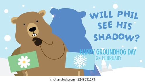 Groundhog Day  greeting card illustration with Phil's shadow. Groundhog meteorology predictions on February 2.