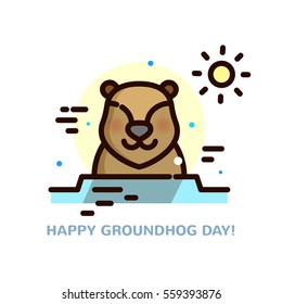 Groundhog day greeting card, line art vector illustration