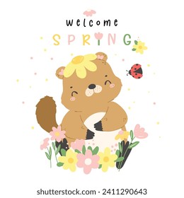 Groundhog Day with a Happy baby groundhog smiling amidst flowers. This cheerful springtime illustration in a flat design adds a whimsical and festive touch.