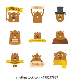 Groundhog day happy logo icons set. Flat illustration of 16 Groundhog day happy logo vector icons for web