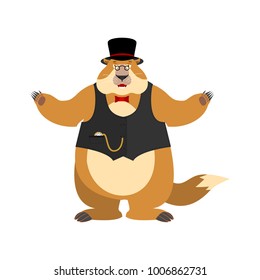 Groundhog day. Groundhog in Hat happy. Woodchuck merry. Marmot Joyful. Vector illustration