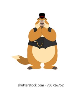 Groundhog day. Groundhog in Hat scared OMG. Woodchuck Oh my God emoji. Frightened Marmot. Vector illustration