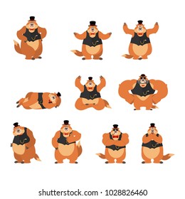 Groundhog day. Groundhog in Hat set poses and motion. Woodchuck happy and yoga. Marmot sleeping and angry. guilty and sad. Vector illustration