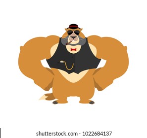 Groundhog day. Groundhog in hat Strong Cool serious. Woodchuck smoking cigar. Marmot strict. Vector illustration