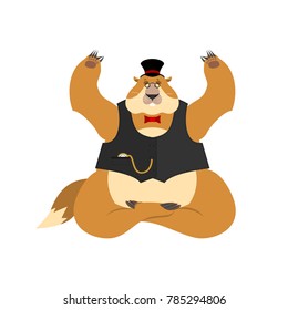 Groundhog day. Groundhog in Hat yoga. Woodchuck yogi isolated. Marmot Relaxation and meditation. Vector illustration