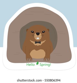 Groundhog Day. Hello, Spring. Greeting card with cute groundhog in burrow. Vector illustration.