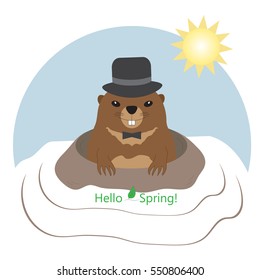 Groundhog Day. Hello, Spring. Greeting card with cute groundhog in a hat in hole. Vector illustration.