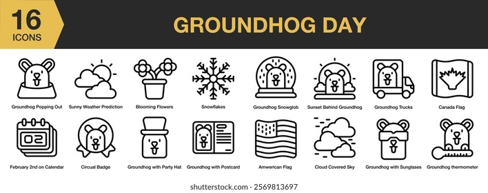 Groundhog Day icon set. Editable Stroke Icon Collection. Includes groundhog, animal, cute, marmot, mammal, wildlife, and More. Outline icons vector collection.