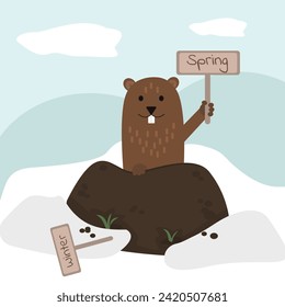 Groundhog Day illustration. Card with marmot peeks out of a hole and holding a sign with the inscription spring and another such winter one lying around