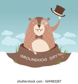 Groundhog day illustration with happy marmot in gentleman a hat