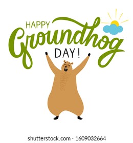 Groundhog Day illustration with title and cartoon yawning groundhog. Happy Groundhog Day poster.