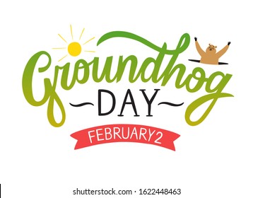 Groundhog Day illustration with title and cartoon groundhog looking from a hole. Happy Groundhog Day banner.