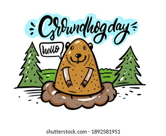 Groundhog Tagesschreiben. Marmot klettert aus der Nerze. Handziehen, Vektorgrafik.