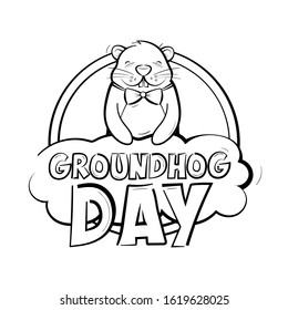 Groundhog day logo. A happy rodent holds a cloud with an inscription. American holiday. Vector illustration isolated on a white background.
