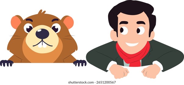 Groundhog Day Man Animal Cartoon peeking, happy Groundhog Day Predictor