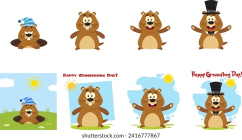 Groundhog Day Marmot Cartoon Character. Vector Flat Design Collection Set Isolated On Transparent Background