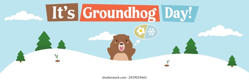 It’s Groundhog Day. Marmot choosing between winter or spring on a snowy land with trees and clouds. Colorful cartoon vector illustration.