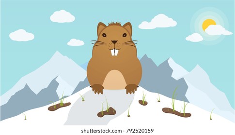 Groundhog Day. Marmot climbed out of hole on background mountains. Beginning of the festive festival.