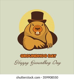 Groundhog Day. Marmot in the cylinder climbed out of the hole. Spring. Vector illustration.