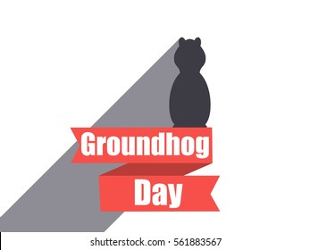 Groundhog Day. Marmot in a flat style with shadow. The inscription on the tape. Vector illustration