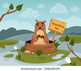 Groundhog day. Marmot in ground hole. Happy cute animal. Garden background design. Season holiday party. Gopher of winter greeting spring. February nature. Cartoon mascot rodent. Vector tidy banner