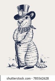 Groundhog day. Marmot in hat laid his paws on walking stick. Vector illustration