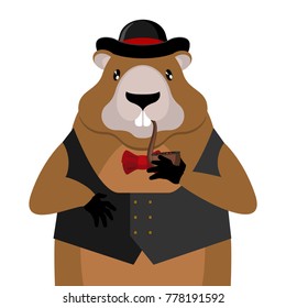 Groundhog Day. Marmot in hat and with pipe. Rodent aristocrat. Illustration for National holiday
