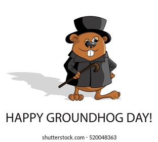 Groundhog day. Marmot in hat with stick and classic clothes. Have long shadow. Flat design. Vector illustration.
