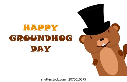 Groundhog day with marmot in hat, vector art illustration.