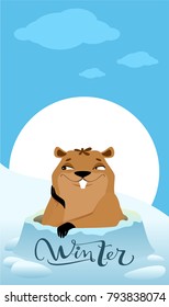 Groundhog Day. Marmot makes forecast winter. Vector cartoon illustration