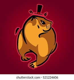 Groundhog Day. marmot on a red background with the hat. Traditional folk festival in the United States and Canada Groundhog Day on 2 February. Place for your text