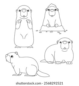 Groundhog Day Marmot Woodchuck Cartoon Character Black and White Coloring Book Vector Set 3