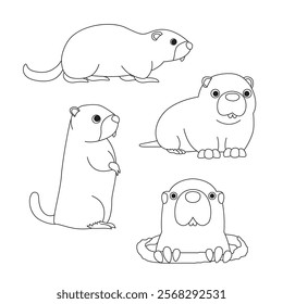 Groundhog Day Marmot Woodchuck Cartoon Character Black and White Coloring Book Vector Set 1