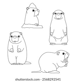 Groundhog Day Marmot Woodchuck Cartoon Character Black and White Coloring Book Vector Set 2