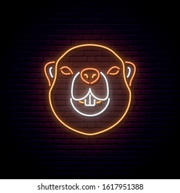 Groundhog day neon sign. Bright light Groundhog silhouette on brick wall. Vector banner.