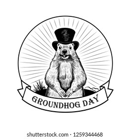 
Groundhog Day. 
Groundhog on the background of the rays and a ribbon banner with the inscription. Vector illustration. Engraved style elements . Vintage  sketch. Emblem.
