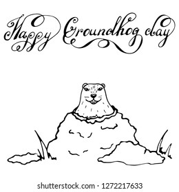 Groundhog Day outline doodle illustration with handwritten lettering. Sketched holiday design set with marmot. Second February greeting poster, banner, card. Vector illustration on white background.