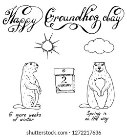 Groundhog Day outline doodle illustration with handwritten lettering. Sketched holiday design set with marmot. Second February greeting poster, banner, card. Vector illustration on white background.