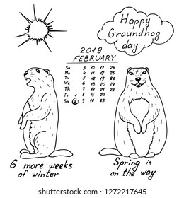 Groundhog Day outline doodle illustration with handwritten lettering. Sketched holiday design set with marmot. Second February greeting poster, banner, card. Vector illustration on white background.